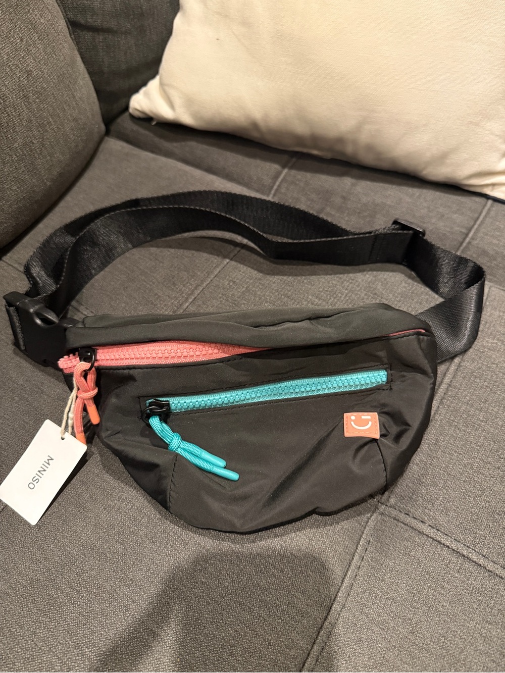 MINISO Black Waist Bag with Teal & Pink Zippers Work Out Fanny Pack Active